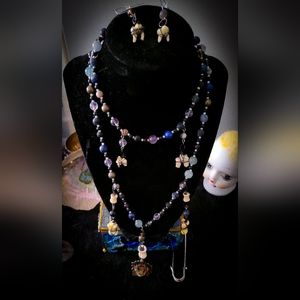 Artisan Necklace, Earring Set - Real Animal Bones, Crystal Beads, Upcycled